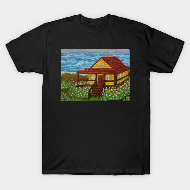 Little Yellow House by the Shore. T-Shirt by LuvbuzzArt